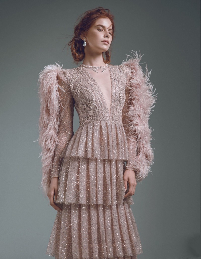 Elegant Alfazairy Sheath Evening Dresses With Feathers V Neck Long Sleeves prom dresses tiered skirt red carpet special occasion dresses