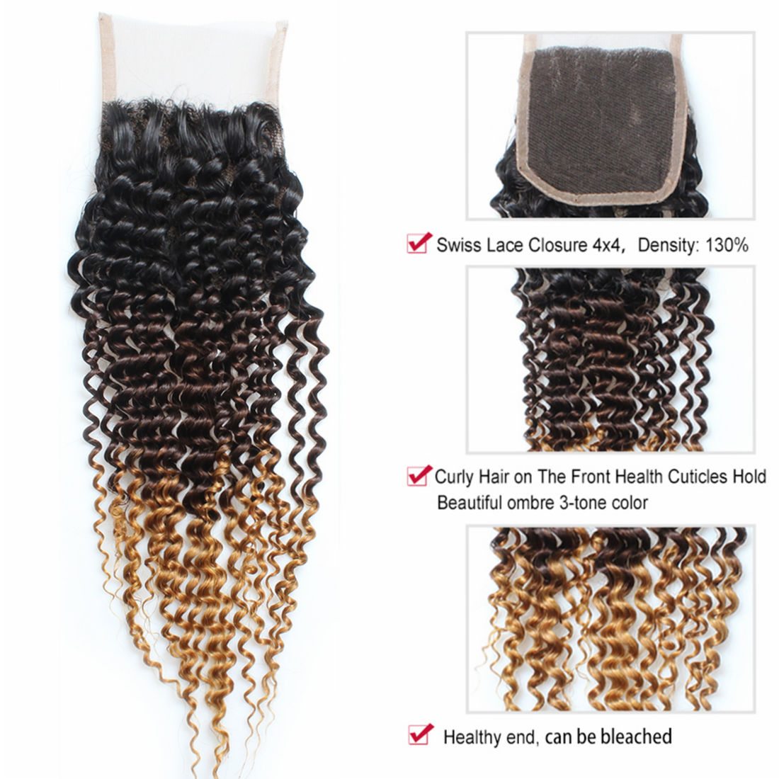 Ombre Human Hair Bundles with Closure Brazilian Hair Kinky Curly 1b/4/30 Human Weave Bundles 3Bundles 3Tone Non Remy Hair Extensions