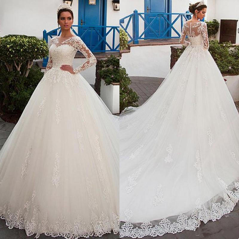 2019 Gorgeous Lace Ball Gown Wedding Dress Tulle Bateau Neckline Appliques Long Sleeve Tulle Bridal Gown Custom Made