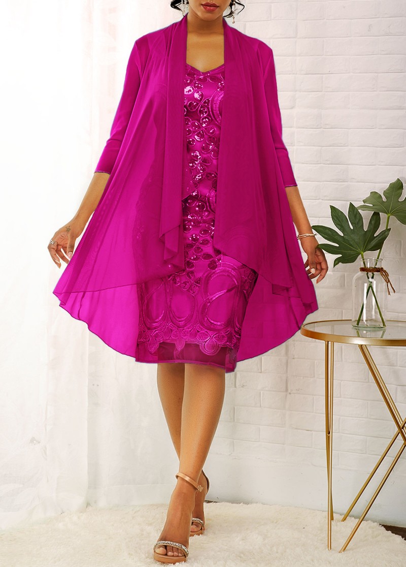 2020 Royal Sheath Mother of The Bride Dresses Satin Chiffon Plus Size Two Pieces Wedding Guest Dress Long Sleeve Knee Length Evening Gowns