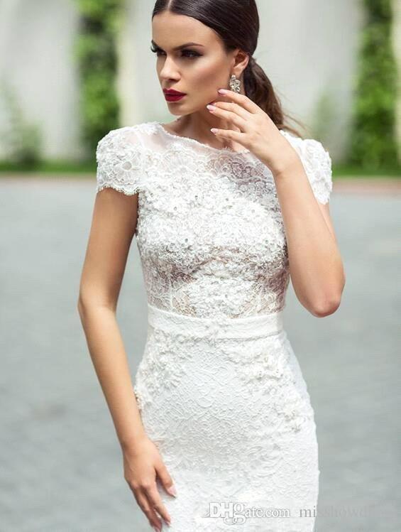 Sheath Short Wedding Dresses Short Sleeves Lace Applique Cap Sleeves Beaded Backless Beach Wedding Dress Bridal Gowns vestidos de novia