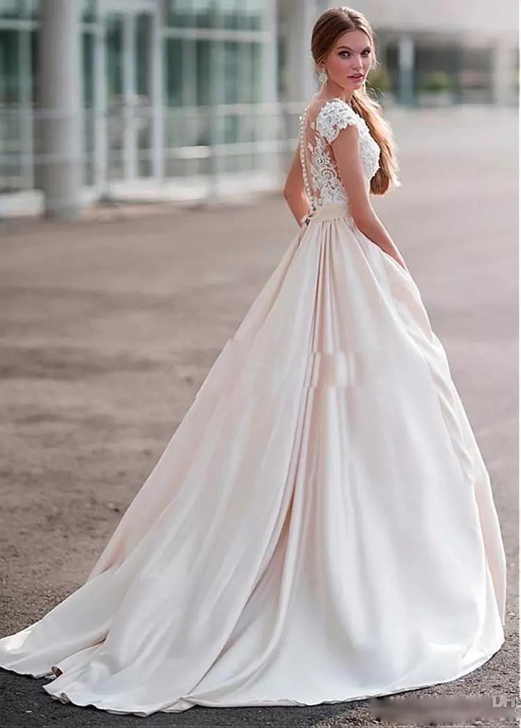 2020 A Line Wedding Gowns Sashes Short Sleeve Button Plus Size Wedding Dresses Sweep Train Tulle Lace Satin Applique Bridal Gowns