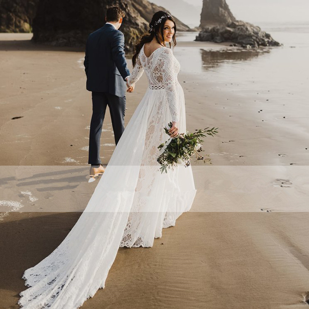 Vintage Crochet Lace Beach Wedding Dresses 2020 Long Sleeve V-neck Plus Size Chiffon Summer Bohemian Country Bride Wedding Gown