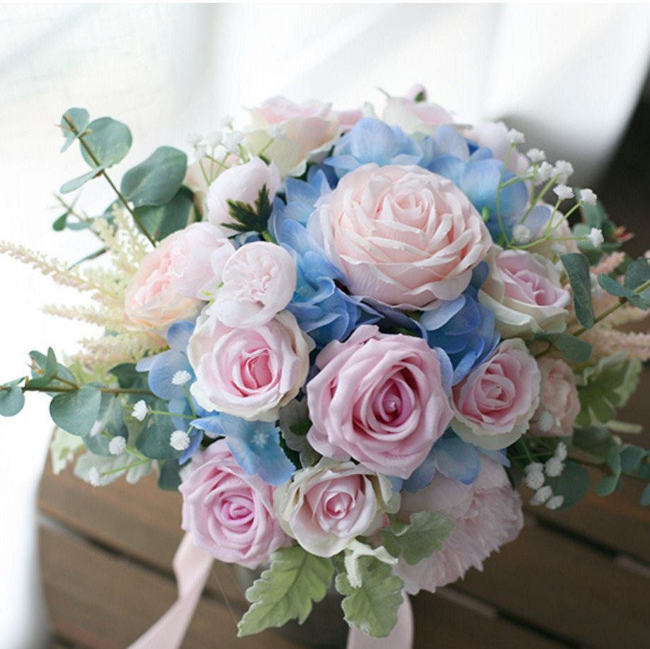 Pink Blue Flower Bridal Bouquets 2020 Rose Hydrangea Wedding Home Decoration Artificial Bride Holding Brooch Bouquet Bride Flowers
