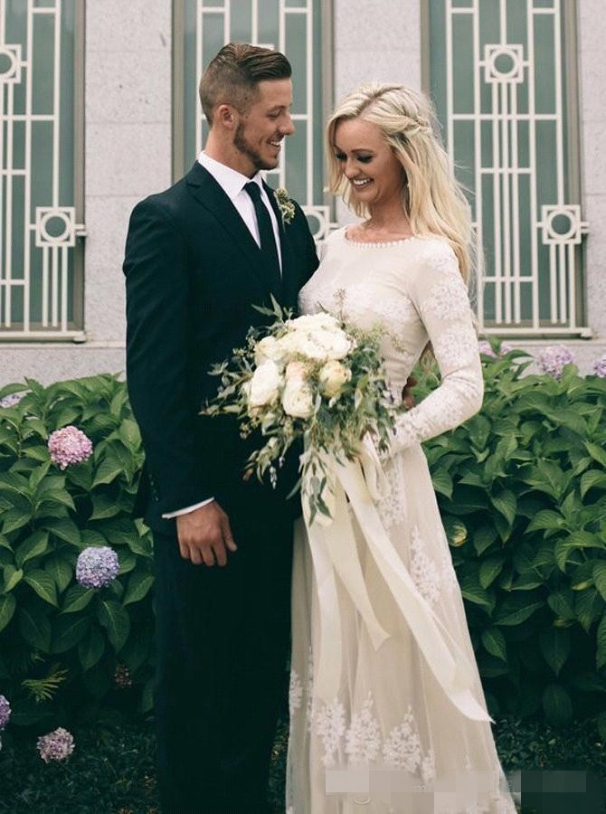 Wedding Boho Dresses Long Sleeves Scoop Neck Lace Applique Floor Length Garden Country Wdding Gown Plus Size Vestido De Novia