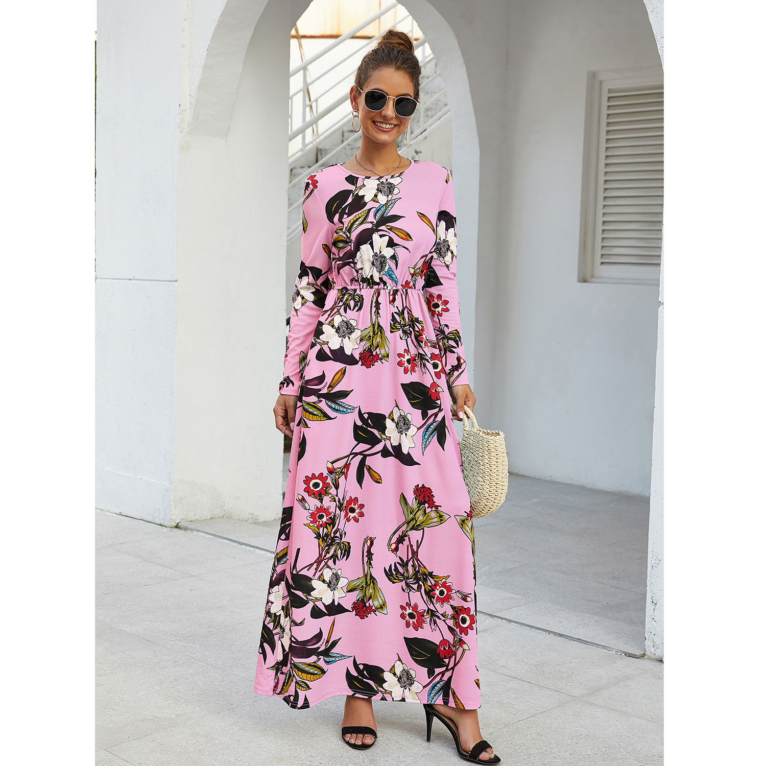 2019 new winter explosion models in Europe and pocket printing long-sleeved round neck dress waist dress