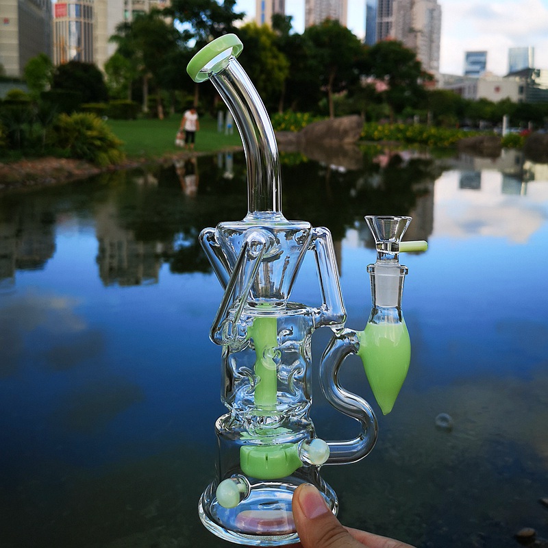 

10 Inch Hookahs Double Recycler Beaker Glass Bong Fab Egg Turbine Percolator Oil Dab Rigs Water Bongs 14mm Female Joint Water Pipes With Bowl HR319