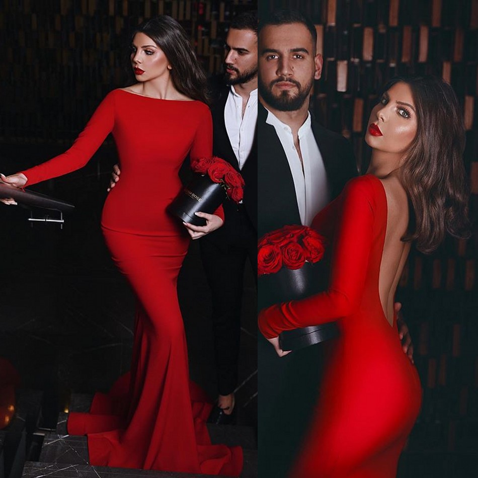 2020 Sexy Red Mermaid Prom Dresses Satin Backless Arabic Long Sleeve Evening Dress Custom Made Formal Cocktail Party Gowns