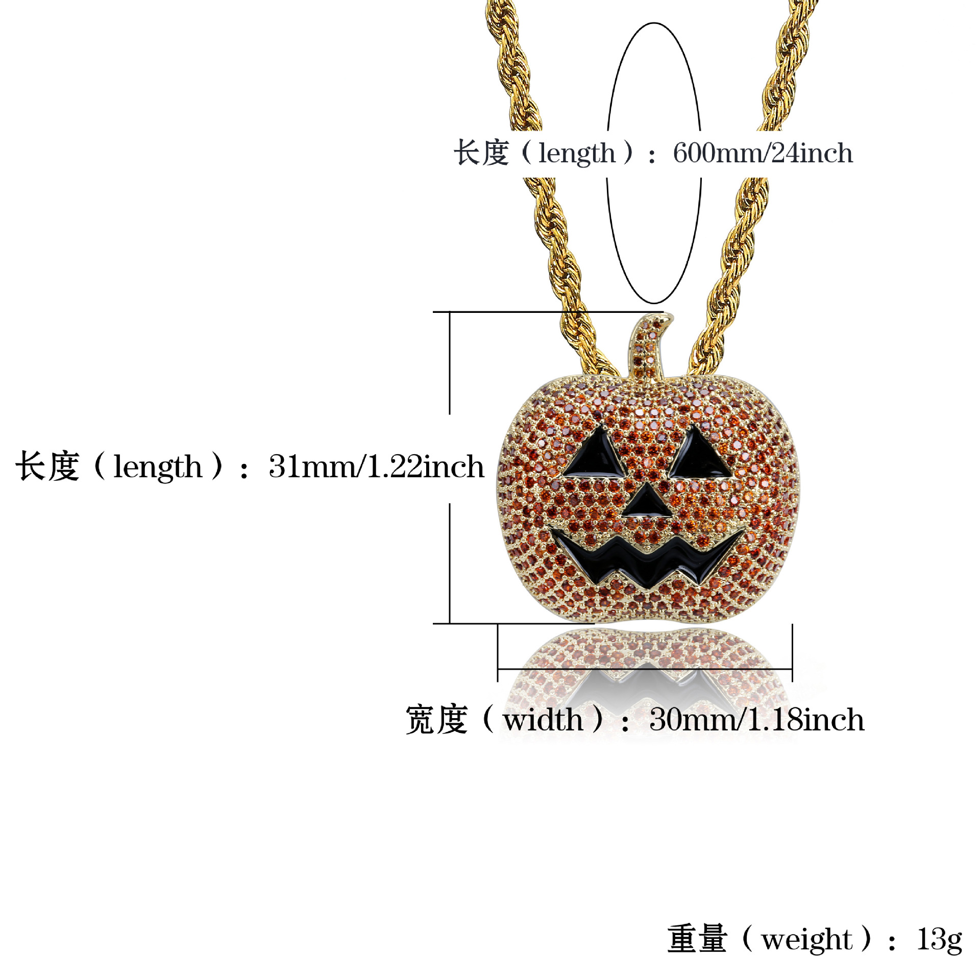 New Fashion Jack O Lantern Pendant Necklace 18K Gold Plated Halloween Twist Chain Iced Out CZ Cubic Zirconia Hip Hop Cosplay Party Jewelry Gifts for M