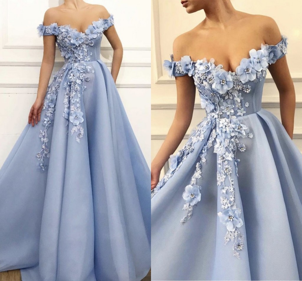 Charming Blue Evening Dresses 2020 A-Line Off The Shoulder Flowers Appliques Dubai Saudi Arabic Long Evening Gown Prom Dress