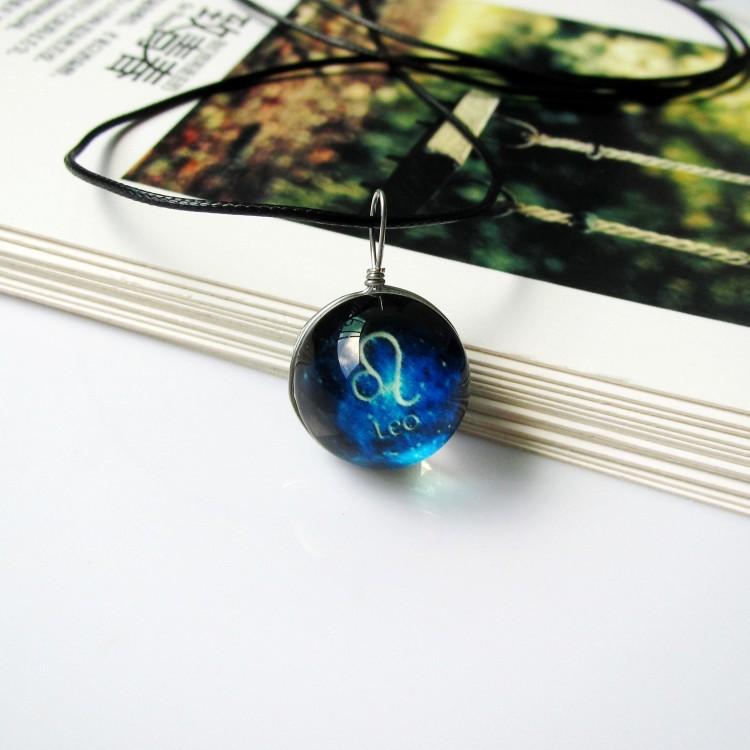 12 Zodiac Signs Luminous Necklace women Glow in the dark constellation Glass gemstone Pendant Black leather wax rope chains For Men Jewelry