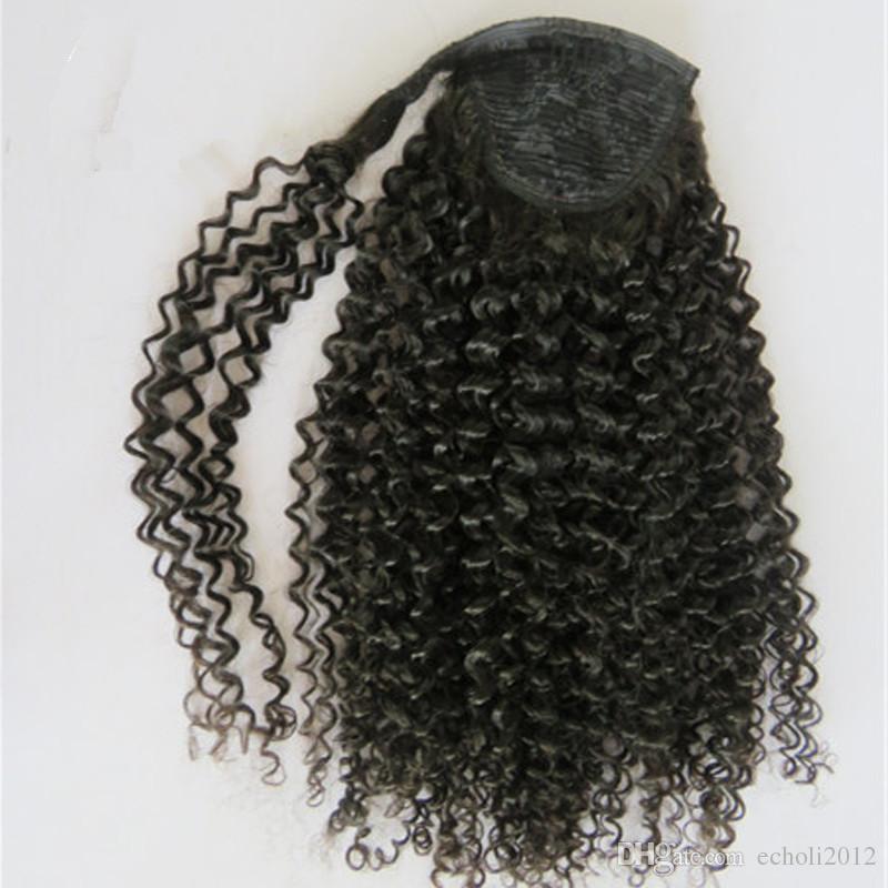 Side or low part afro kinky curly ponytail hairpiece jet puff coily curly drawstring human hair ponytail for black women color 1