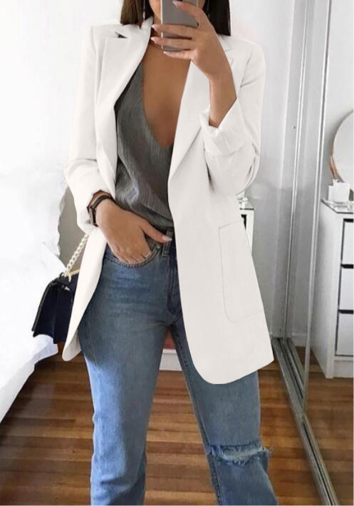Fashion-Autumn Women Casual Slim Blazers Suit Jacket Fashion Lady Office Suit Black with Pockets Business Notched Blazer Coat