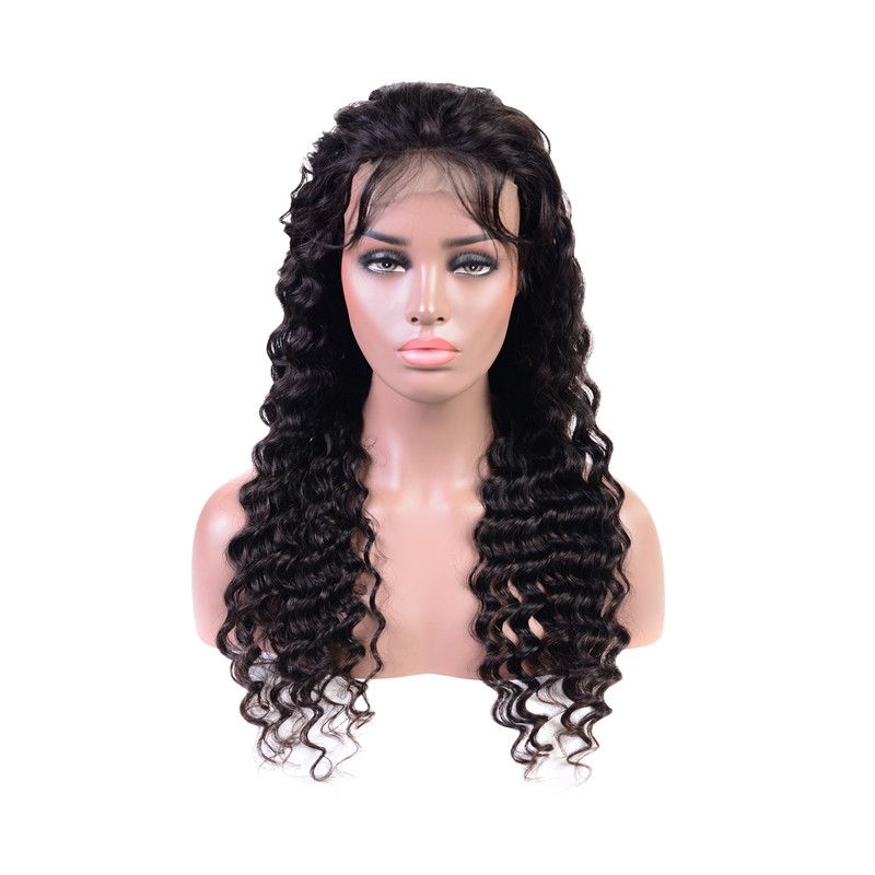 Malaysian Virgin 13X4 Front Deep Wave 14-32inch Adjustable Band Pre Plucked Human Hair Lace Wigs Curly