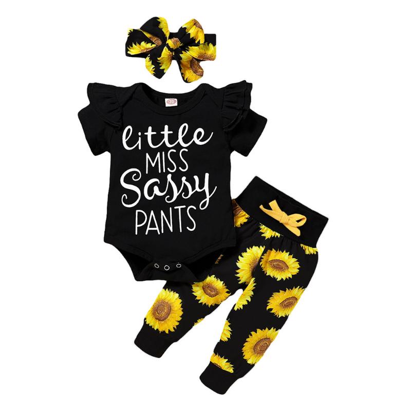 

3M-18M) Baby Frilled Short-Sleeve Letter Printed Robe Bag Fart + Sunflower Sunflower Printed Pants + Hair Band Set baby S4, As photo