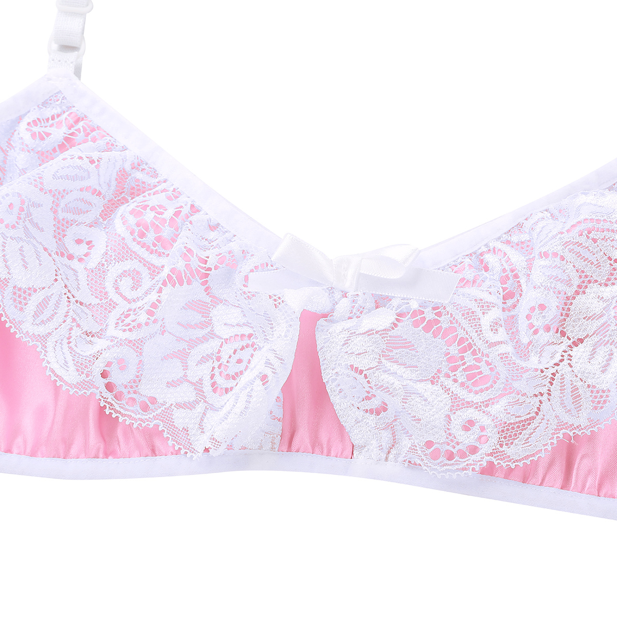 Sexy Mens Smooth Satin Lace Sissy Lingerie Set Adjustable Spaghetti Shoulder Straps Bra Top with Elastic Waistband Short Skirt LY191222