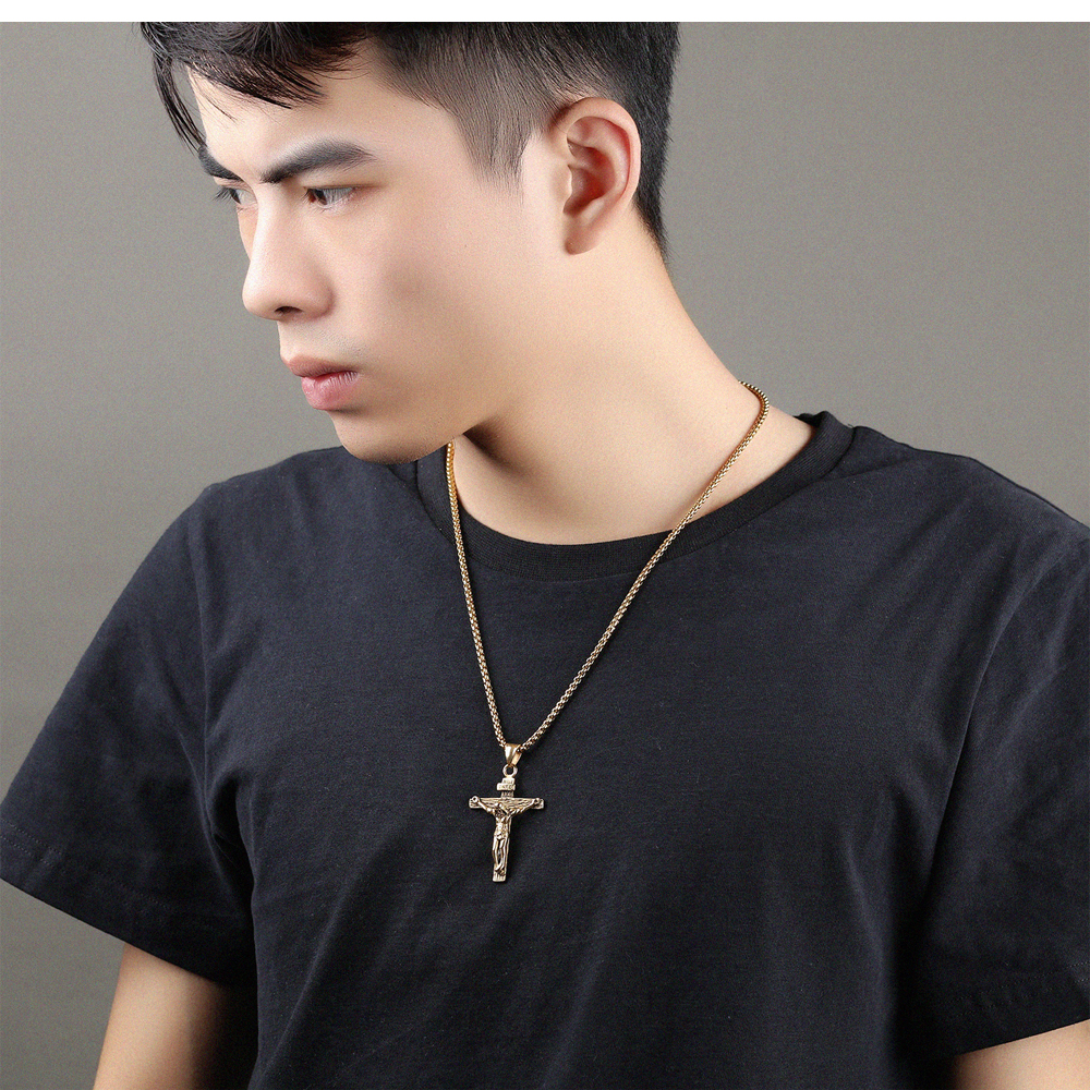 High Quality Jesus Cross Pendant Necklace Gold/Black Gun Plated Stainless Steel Fashion Religious Jewelry for Women Men Faith Necklace