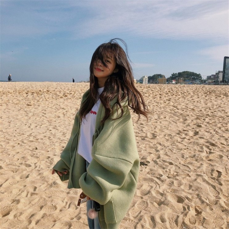 2018 new autumn winter korean girl's Cashmere sweater hooded zippers loose big size cardigan thick clothes women jacketMX190924