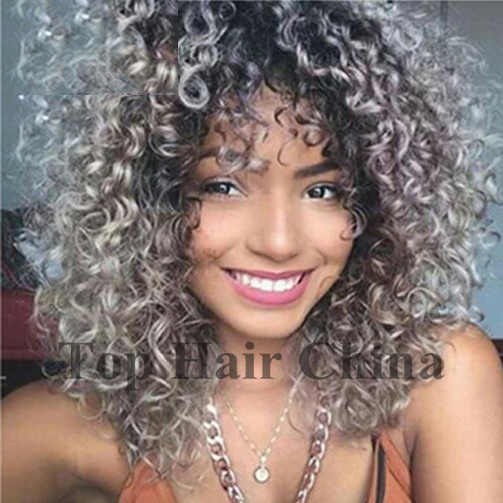 Top Hair China Ombre Grey Wigs Short Curly Wigs Heat Resistant For African Americans Black Woman Free Shipping