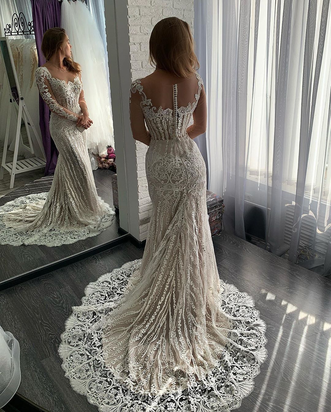 mermaid wedding dresses with detachable train plus size lace sheer neck appliques bridal gowns sweep train long sleeve wedding dress