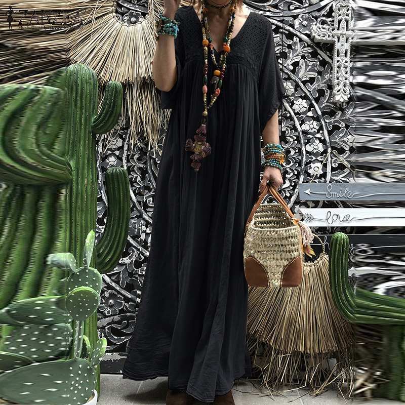 Bohemian Women Lace Crochet Maxi Long Dress ZANZEA Summer V neck Flare Sleeve Solid Sundress Kaftan Party Beach Vestido Baggy T200416