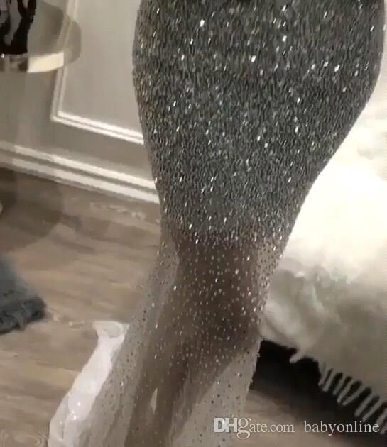 Arrival New Shiny Sier Mermaid Prom Dresses V Neck Sequins Beading Low Cut Backless Party Evening Gowns Formal Dress Custom Vestidos Estidos