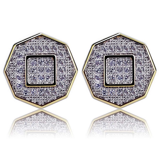 Shining White Zircon Hip Hop Octagon Stud Earrings Screw Back Gold Plated Earrings Vintage Geometric Jewelry