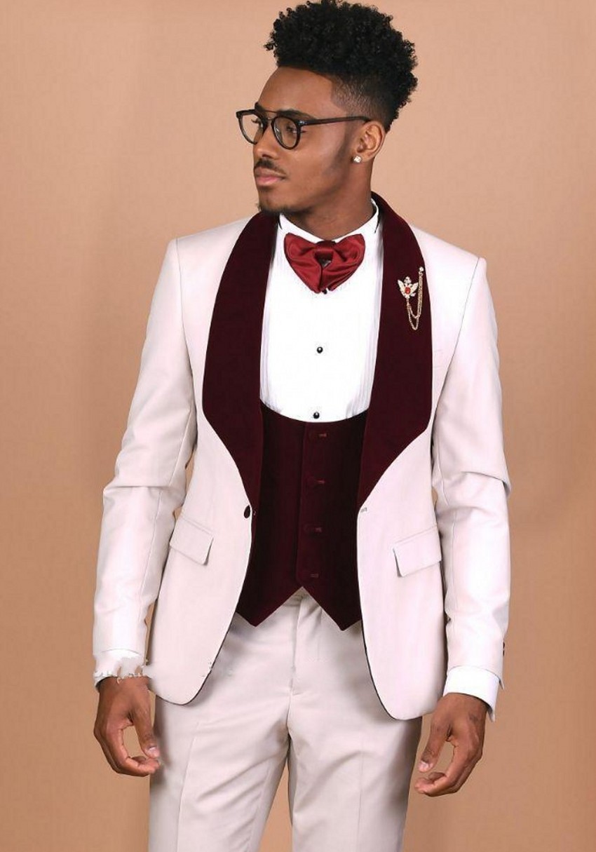 White Men Wedding Tuxedos Velvet Shawl Lapel One Button Groom Tuxedos Excellent Men Jacket Blazer 3 Piece Suit(Jacket+Pants+Tie+Vest) 1425