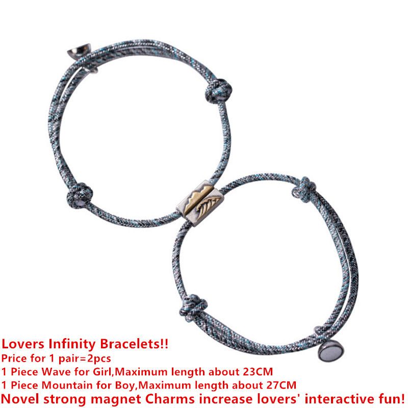Uglyless 1Pair Lovers Infinity Bracelets Adjustable Rope Chain Bracelet for Couples 925 Silver Mountain Wave Bead Magnet Jewelry CX200702