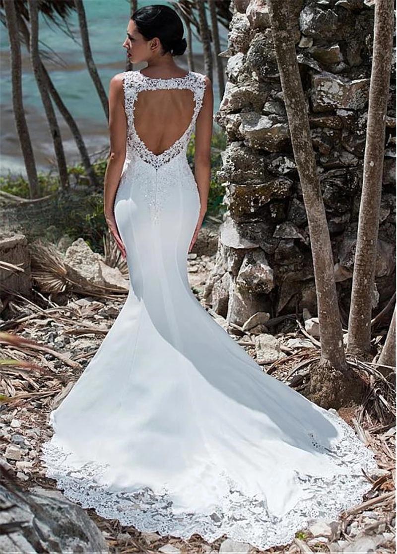 2019 Beach Mermaid Wedding Dresses Backless Satin Lace Appliqued Summer Bridal Gowns with Sequins Boho vestido de novia