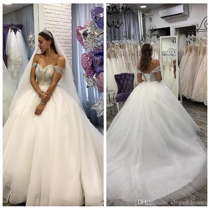 Sexy White New Off Shoulder A-Line Wedding Dresses Beaded Pearls Lace Up Back Chapel Train Bridal Gowns Robe De Mariee Customized