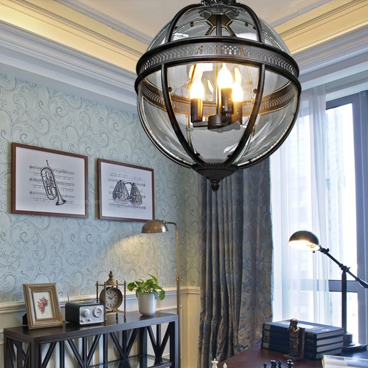Vintage Loft Globe Pendant Lights Wrought Iron Glass Shade Round Lamp Kitchen Dinning Bar Table Luminaire Fixture Hanging Lamps