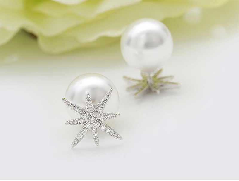 White Zircon Star Stud Earrings Pearl Ear Plug Fine Jewelry Wedding Earrings for Women Girl Gift