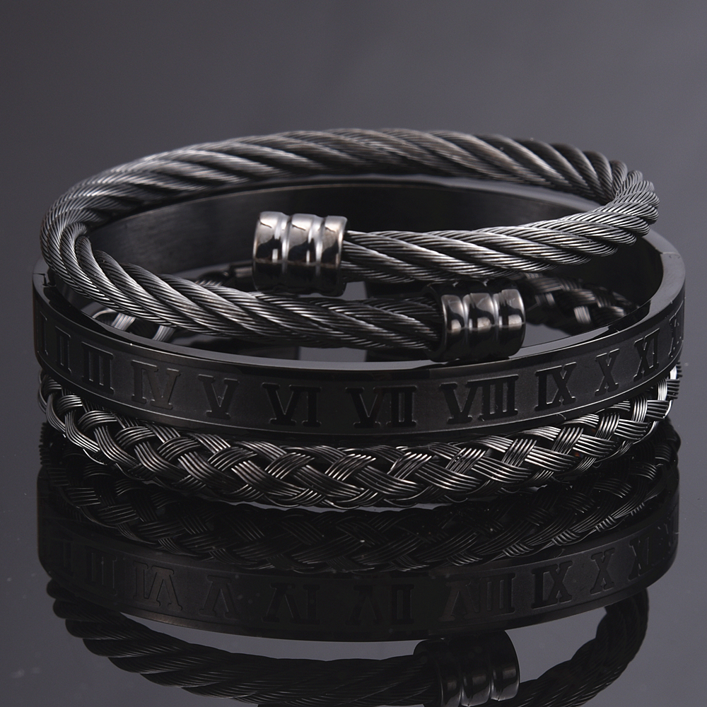 3pcs/Set Roman Numeral Men Bracelet Handmade Stainless Steel Hemp Rope Buckle Open Bangles Pulseira Bileklik Luxury Jewelry
