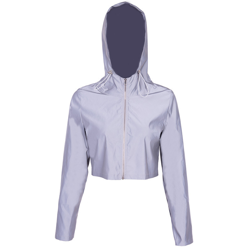 Reflective Hooded Jacket Female Casual Zipper Drawstring Hoodies Women Flash Cropped Coat Street Running Sweatshirts Outerwear