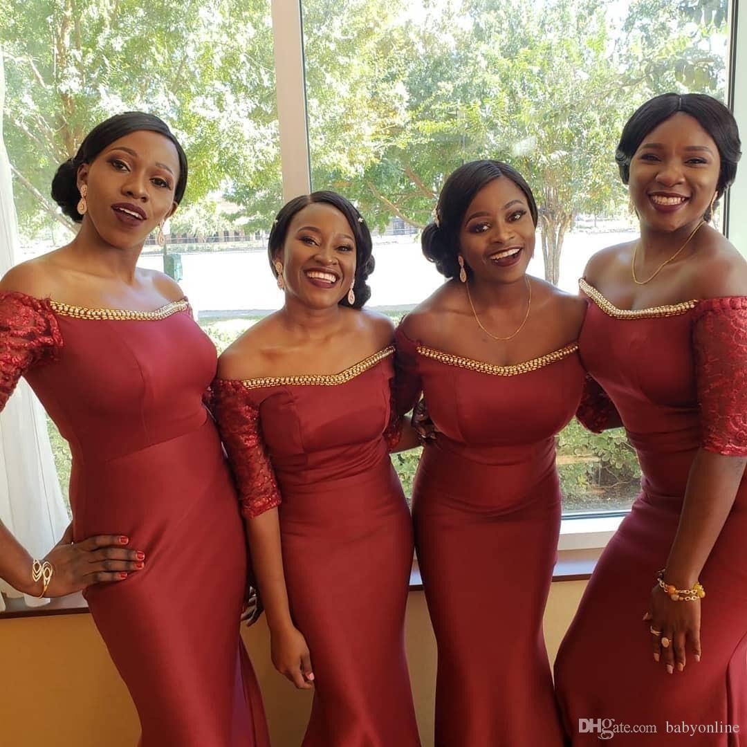 Nigerian Plus Size African Bury Bridesmaid Dresses Elegant Off Shoulder Mermaid Sequined Sleeve Long Maid Of Honor Gowns