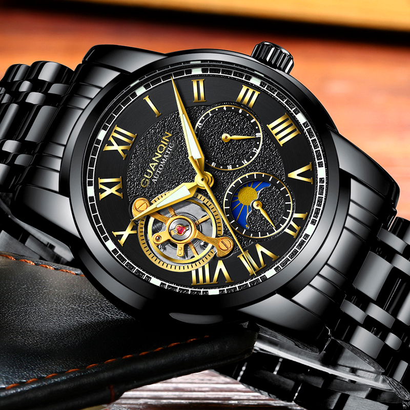 

GUANQIN Top Brand Tourbillon Automatic Wristwatch Luxury Men Sport Stainless Steel Waterproof Mechanical Watch relogio masculino, Black