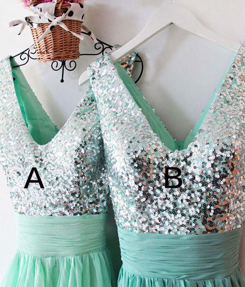 Mint Green Long Bridesmaid Dresses Silver Sequins V-Neck Floor Length Sparkly Maid Of Honor Dress Wedding Guest Gowns Cheap