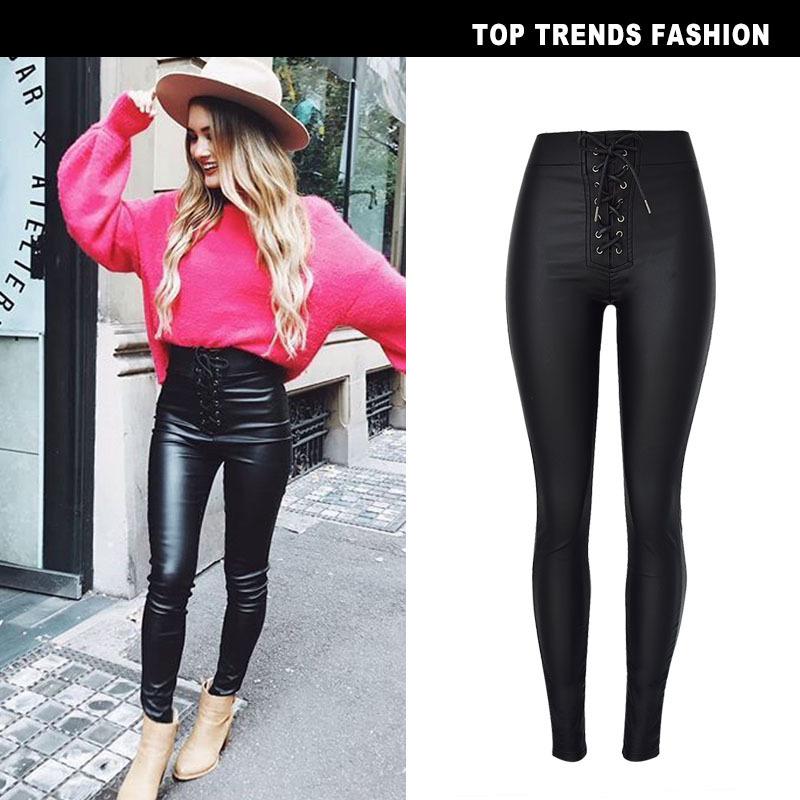 hot sale Lace Up Faux Leather Pants Women Autumn Winter Pencil Pants Woman Pu Leather Trousers Black women pants