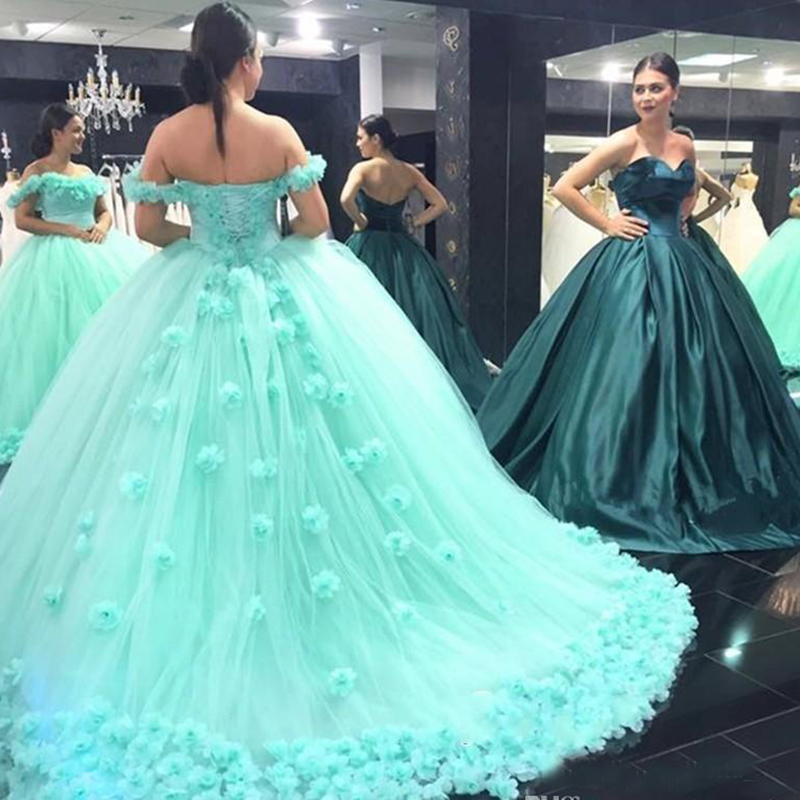 mint Ball Gown Quinceanera Dresses 3D Hand Made Flowers Off Shoulder Sweet 16 Plus Size Princess Tulle Cheap Masquerade Prom Gowns