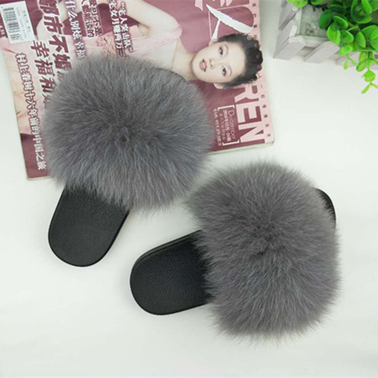 Hot Sale-Real Fur Slippers Women Fox Home Fluffy Sliders With Feathers Furry Summer Outdoor Flats Sweet Ladies Candy Color Shoes Size 45