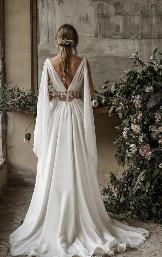 2020 Boho Beach Wedding Dresses A Line V Neck Sleeveless Sweep Train Bridal Gowns With Applique Chiffon Backless Plus Size Wedding Gowns