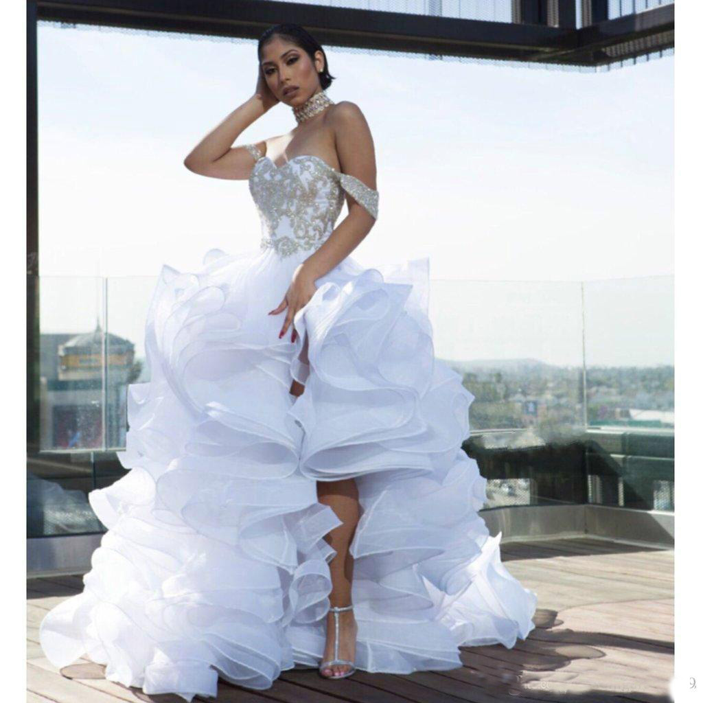 Luxurious Split High Low Ruffle Wedding Dresses Lace Organza Tiers Arabic Middle East Plus Size vestido de noiva Bridal Gown Ball For Bride