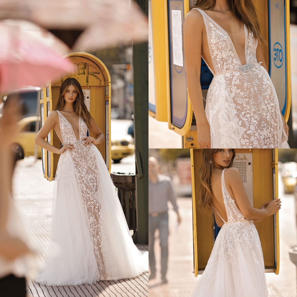 sexy mermaid berta wedding dresses with detachable train v neck lace appliqued beach wedding dress bridal gowns vestidos de nnovia