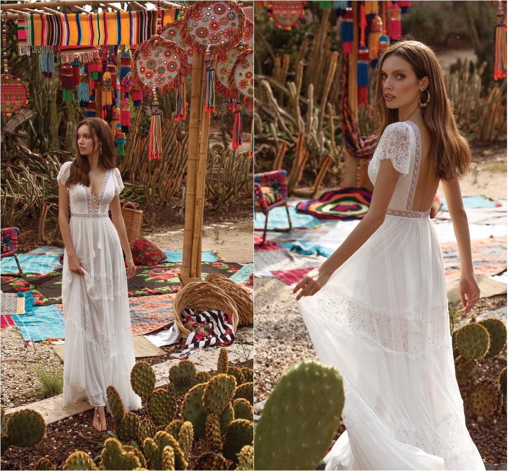 asaf dadush boho wedding dresses lace appliqued beach v neck short sleeve backless bridal gowns vestido de novia