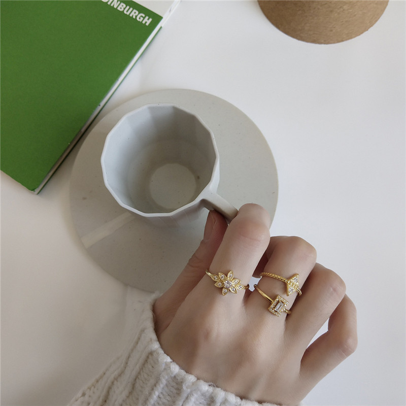 New Simple Geometric Square Triangle Flower Rings For Women 925 Sterling Silver Zircon Wedding Ring Fine Jewelry