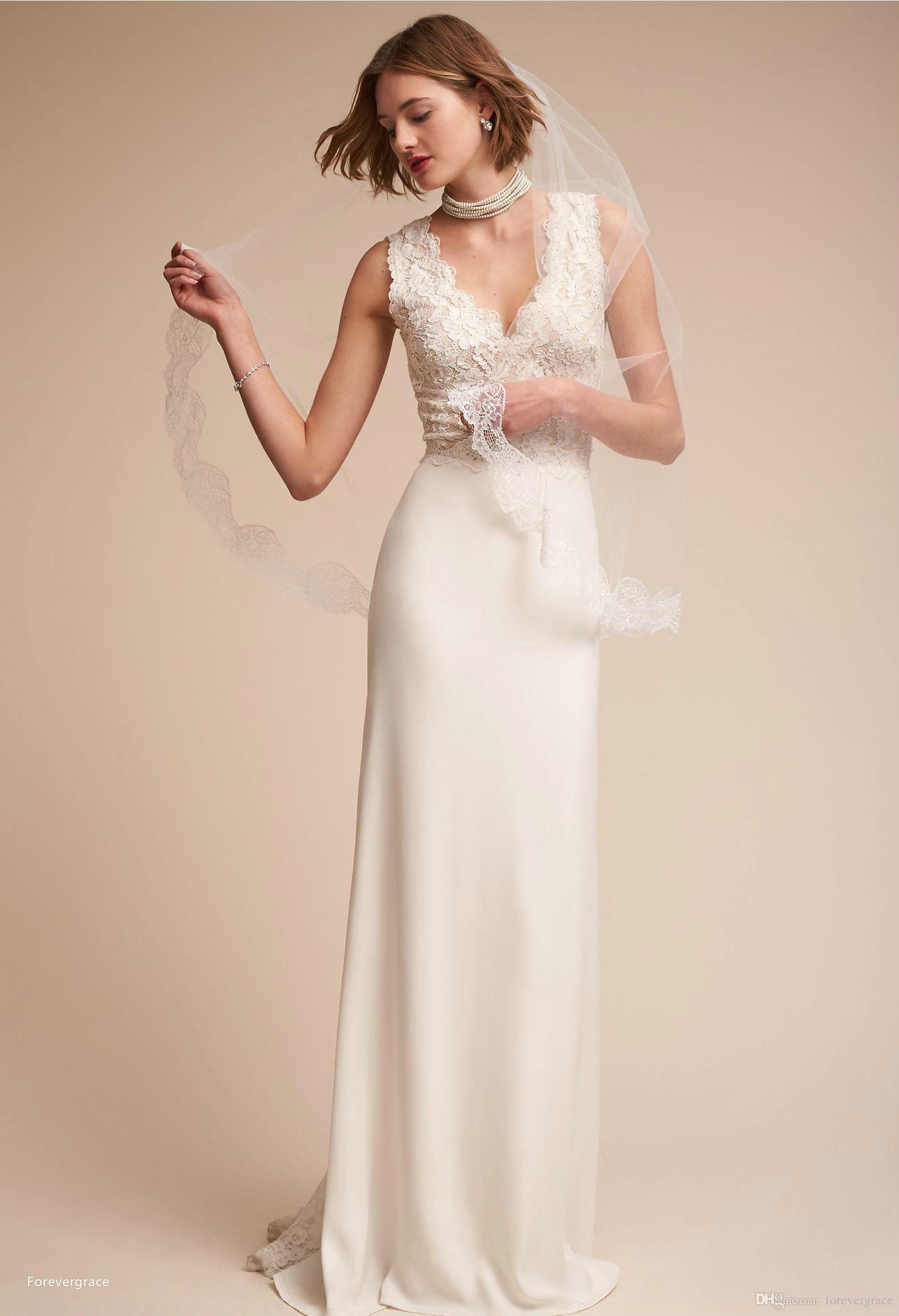 2019 Exquisite Illusion Lace Appliqued Wedding Dress Modern Beach Sheath V Neck Long Bridal Gown Custom Made Plus Size