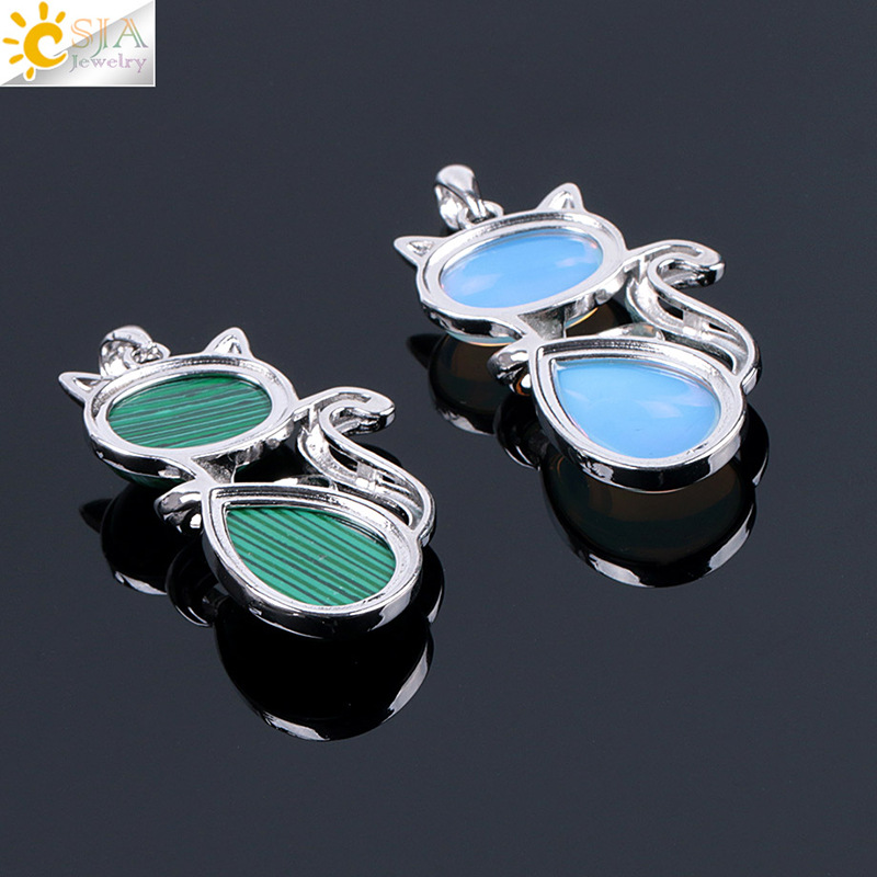 Natural Stone Necklaces Pendants for Women Girl Cute Cat Shape Rock Pink Quartz Black Onyx Beads Chain Reiki Jewelry