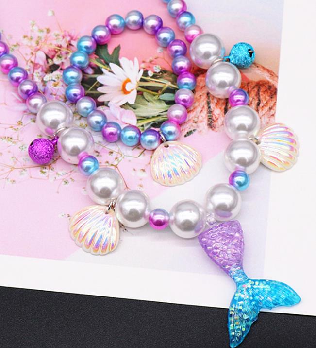Beaded Necklace Bracelets Ring Clip Earrings for Kids Little Girl Mermaid Pearl Jewelry Sets Favors Bags for Party