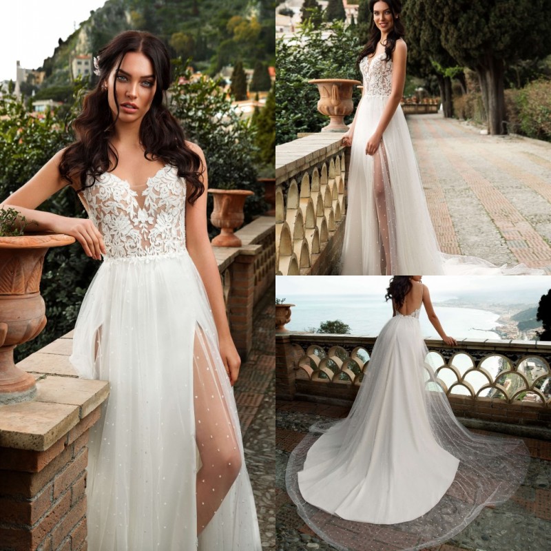 bohemian sexy split wedding dresses v neck a line lace applique tulle boho bridal gowns cheap new arrival